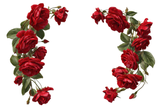 Arch of red roses isolated on transparent background. Romantic red roses flourish as elegant floral archway design element for love isolated on white background. - Powered by Adobe