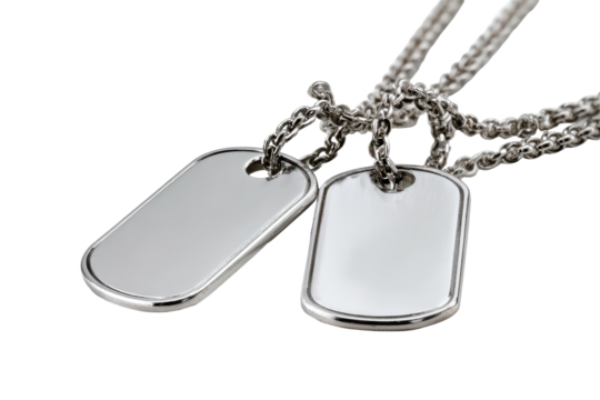 Blank silver dog tag necklaces isolated on transparent background. Two shiny silver dog tags on a delicate chain isolated on white background. - Powered by Adobe