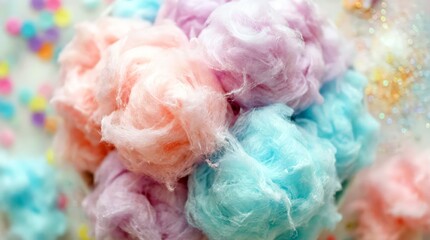 Close-up of fluffy pastel cotton candy clouds in pink, blue, and purple hues