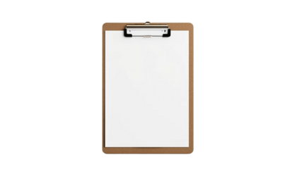A blank clipboard with a wooden frame and a silver clip resting on a transparent background