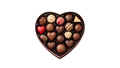 A heart-shaped box filled with an assortment of chocolates on transparent background