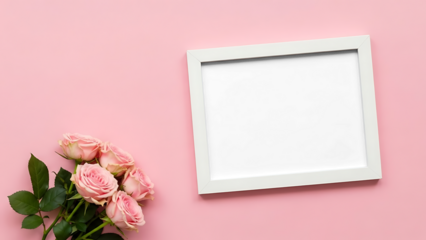 Elegant Pink Rose Bouquet and White Photo Frame Cut-Out. Isolated Subject for Romantic Celebrations, Wedding Invitations, and Mockups PNG on Transparent Background.