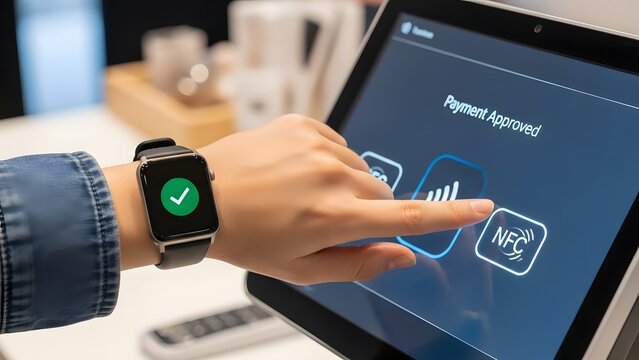 Smartwatch interacting with a digital interface on a tablet screen - Powered by Adobe