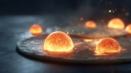 Glowing orange orbs on a dark metallic surface with sparks