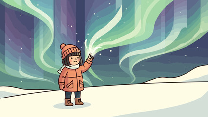 Naklejka premium Magical Night Young Girl Witnessing Boreal Phenomenon In Snowy Environment