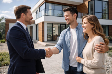 Young couple shaking hands with real estate agent outside modern house