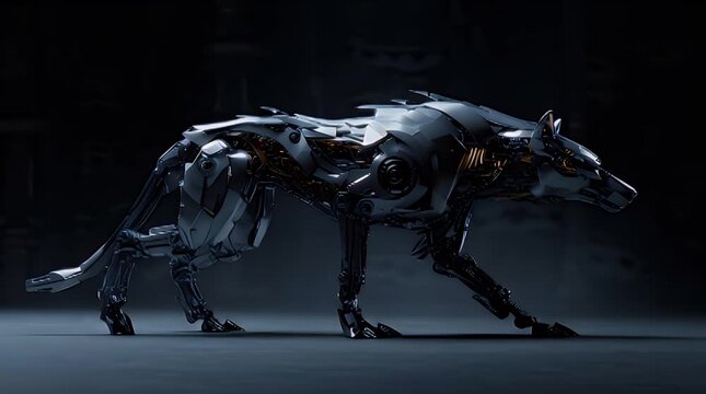 A futuristic robotic canine with metallic body and glowing accents crouches low