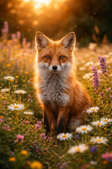Obraz premium Majestic fox sitting in a vibrant flower field at sunset