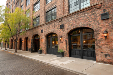 Fototapeta premium Industrial Brick Warehouse Lofts with Large Windows and Black Doors in Urban Setting