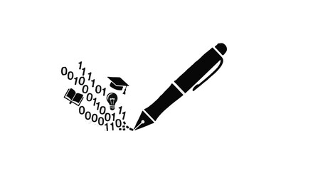 Pen creating digital code and symbols of knowledge, representing learning and innovation