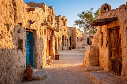 Traditional adobe desert houses with blue doors and textured stone walls in sunlight