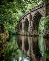 Fototapeta premium Close-up of stone bridge arch with calm water reflections and lush green surroundings in daylight