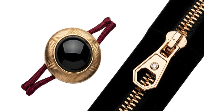 Elegant gold button with black gem and zipper isolated on transparent background
