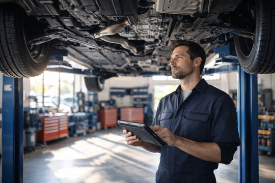 Automotive technician inspecting vehicle undercarriage with diagnostic tablet - Powered by Adobe