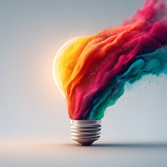 A vibrant light bulb conceptualized with a swirling explosion of rainbow-colored smoke and particles erupting from its glass enclosure against a clean white background. Keywords
