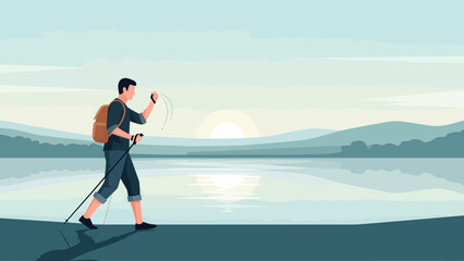 Obraz premium Man Doing Nordic Walking With Mountain Views And Reflection On Lake