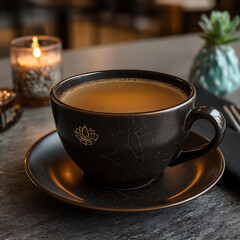 Close-up of a Dark Ceramic Coffee Cup with a Cracked Glaze Pattern Filled with Rich Brown Coffee, Placed on a Saucer Next to a Lit Candle and a Small Potted Plant