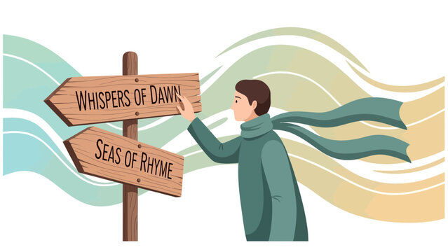 Man Deciding Between Whispers Of Dawn And Seas Of Rhyme Journey Illustration