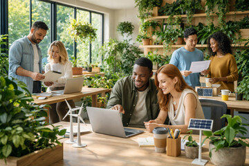 Group of diverse colleagues collaborating in a green workspace