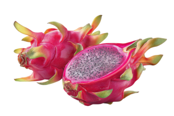 Pink dragon fruits one cut open isolated on transparent background. Vibrant dragon fruit halved revealing exotic white flesh seeds isolated on white background.