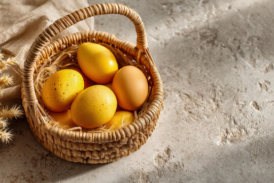 Traditional Easter paska bread in minimalist basket handle on stone, close-up
