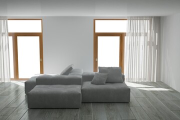 modern room with big white sofa with pillows interior design. 3D illustration