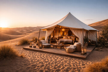 Luxurious tent accommodation in a serene desert landscape at sun
