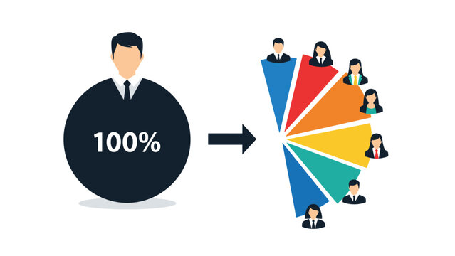 Conceptual infographic illustrates a single businessman icon breaking into a pie chart of diverse professional people.