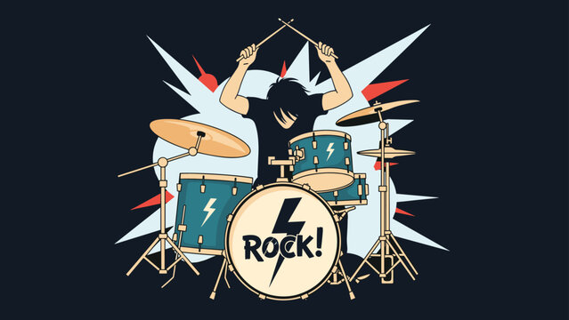 Silhouette of an energetic drummer plays a full drum kit with a rock theme against a dynamic white and blue background.
