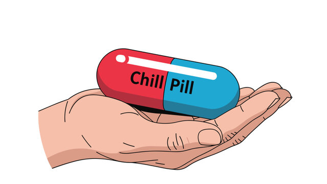 Person holds a large red and blue medicinal capsule in their hand that features the words chill pill printed on the side.