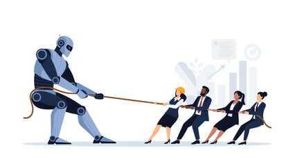 Giant robot competes against team of four diverse business professionals in challenging tug of war competition for job dominance.