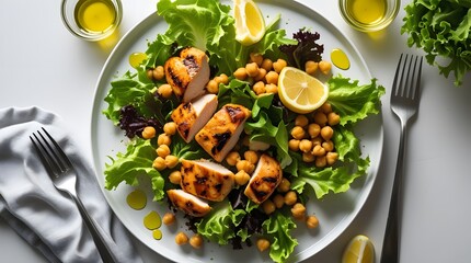 Fresh Green Salad with Golden Chicken and Olive Oil Dressing