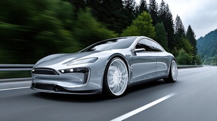 Obraz premium A sleek, silver electric vehicle speeds along a highway, surrounded by lush green trees and mountains.