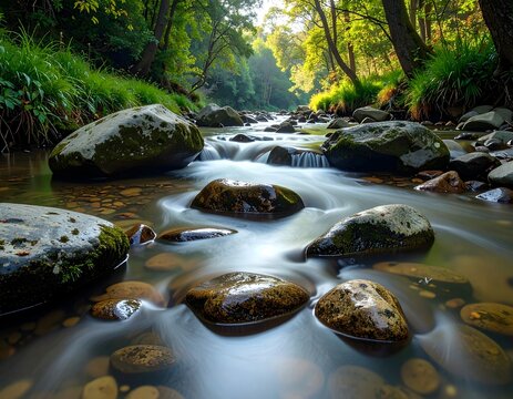 Arroyo de bosque con agua suave fluyendo entre piedras en un entorno natural tranquilo