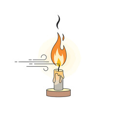 A lit candle with melting wax and smoke rising from the flame on a holder in a peaceful environment viewed from the side