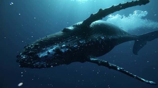 Massive Humpback Whale Swimming in Dark Moody Deep Ocean Abyss
