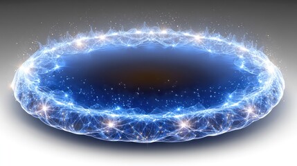 A vibrant, glowing blue circular shape with intricate, interconnected lines and sparkling points of light creates a mesmerizing, futuristic design.