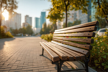 Sunlit Wooden Bench on Quiet City Sidewalk with Soft Bokeh Urban Background in Afternoon Light