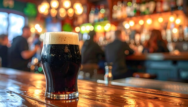 Pinta de cerveza oscura sobre mesa de madera en bar animado con luces c&aacute;lidas