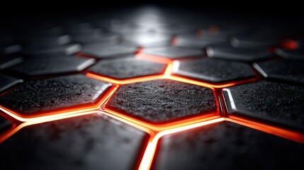Close-up view of a futuristic honeycomb pattern, showcasing glowing orange lines within dark gray hexagonal shapes, creating a powerful and technological aesthetic.