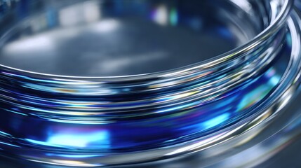 Close-up of a sophisticated, iridescent blue and silver container, showcasing intricate, layered rings and a reflective surface.