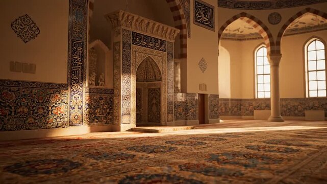 Sunlight streaming into a grand mosque interior with ornate carpets and architecture