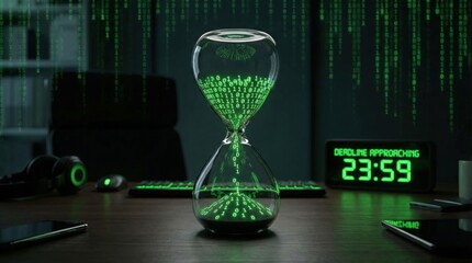 Digital Time’s Flow: An hourglass filled with digital data, symbolizing the rapid passage of time within the digital realm. Emphasizing the fusion of technology and time