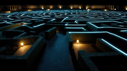 A vast, intricate maze illuminated by glowing teal lines, bathed in the warm light of numerous small lamps, creating a captivating and mysterious ambiance.