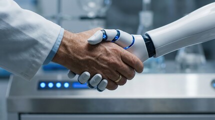 Human and Machine Alliance: In a lab setting, a human hand clasps a robotic hand, symbolizing a collaborative partnership between human intelligence and artificial intelligence.