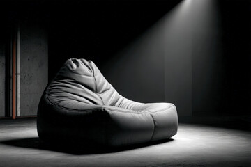 Futuristic inflatable lounge pod chair with rim light outline in dark room setting