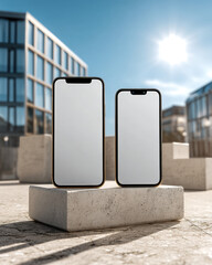 Two blank screen smartphones on concrete block with symmetrical bright studio composition