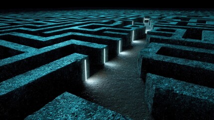A  complex maze pathway illuminated by glowing passages, showcasing a pathway through a dark, intricate design.