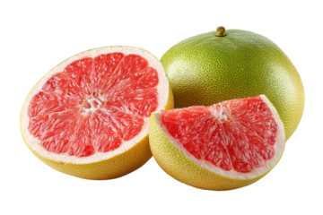 Fresh ripe pink grapefruit half and wedge isolated on transparent background. Grapefruit halves and whole with red pulp isolated on white background.