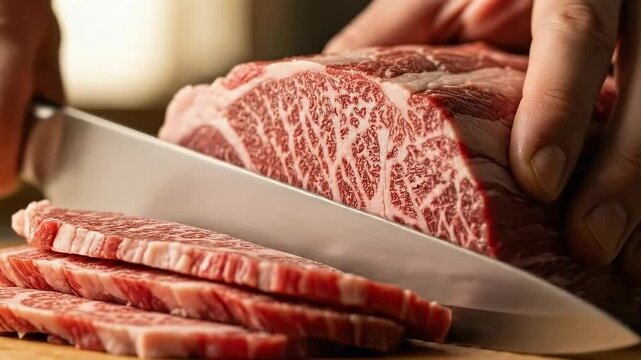 Slicing premium marbled wagyu beef with precision in a culinary setting